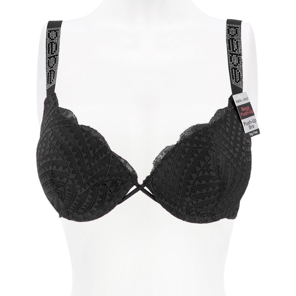NWT bebe MEGA Push Up Shine Rhinestone Strap Bra,34B,34C,36B, 36C,38C,Black - Picture 2 of 4